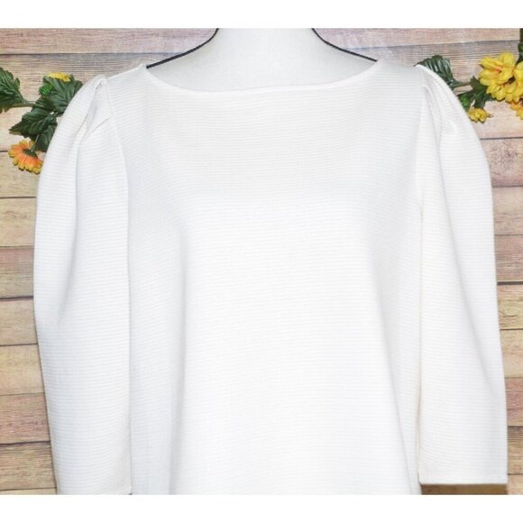 Worthington Ladies XL Neutral Cream Boxy Ribbed Blouse 3/4 Puff Sleeve Modest - Picture 2 of 9